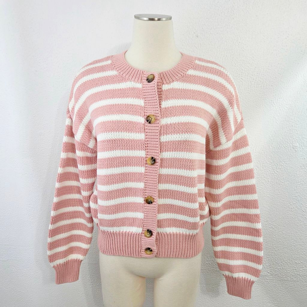 Ann Taylor Weekend pink striped cardigan sweater button down women's medium M - Picture 2 of 9